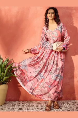 InWeave Floral Printed Round Neck Crepe Anarkali Kurta