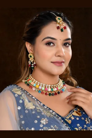 Dastoor Gold-Plated Kundan Studded & Beaded Necklace With Earrings & Maang Tika
