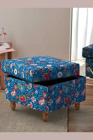 Chumbak Blue & Red Printed Trunk Storage Leg Ottoman