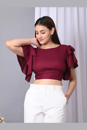 IQRAAR Women Solid Flutter Sleeve Round Neck Ruffles Crop Top