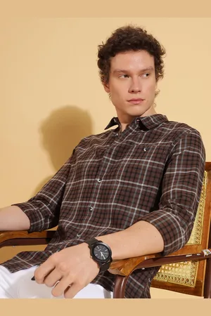 HERE&NOW Men Tartan Checks Spread Collar Cotton Pocket Slim Fit Casual Shirt