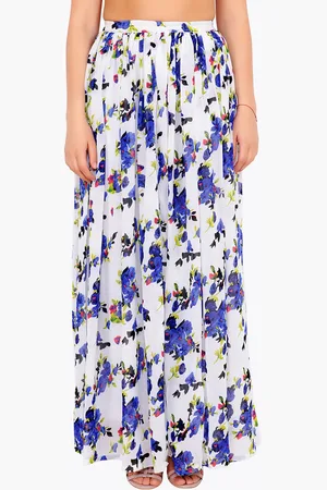 Cation Women White & Blue Floral Print Flared Maxi Skirt
