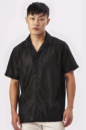 VALEN CLUB Men Relaxed Spread Collar Semi Sheer Casual Shirt