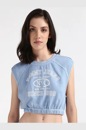 Tommy Hilfiger Typography Printed Raglan Sleeves Cotton Crop Top