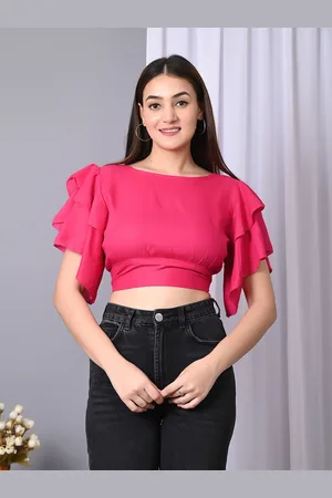 IQRAAR Flutter Women Solid Flutter Sleeve Ruffles Crop Top