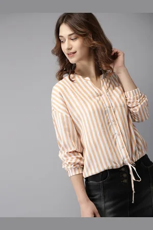 HERE&NOW Women White & Beige Striped Shirt Style Top