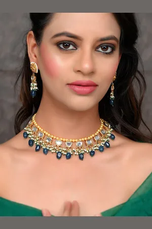 Dastoor Women Blue & White Gold-Plated Kundan Studded & Beaded Necklace and Earrings