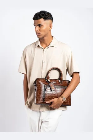 Eske Men Tan Textured Leather Laptop Bag