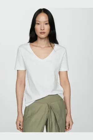 MANGO Women V-Neck Pure Cotton T-shirt
