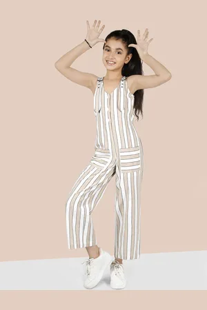 naughty ninos Girls Striped V-Neck Pure Cotton Jumpsuit