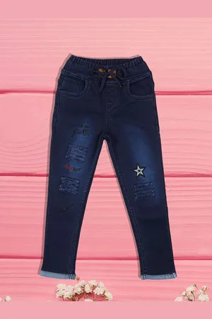 A-Okay Girls Slim Fit High-Rise Light Fade Embroidered Cotton Jogger Jeans