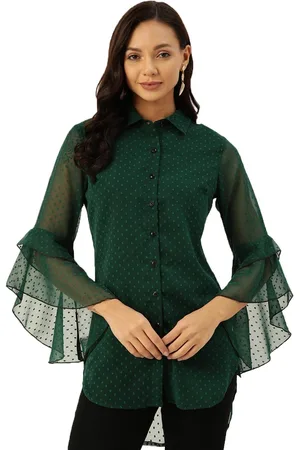 DressBerry Green Self Design Shirt Collar Tunic