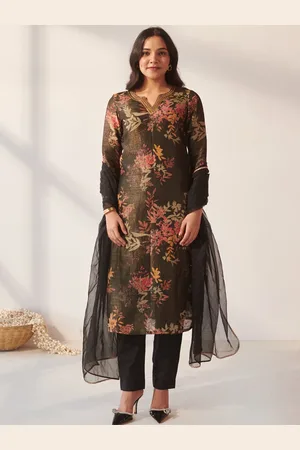 Ambraee Floral Printed Beads and Stones Notch Neck Straight Kurta With Trousers & Dupatta