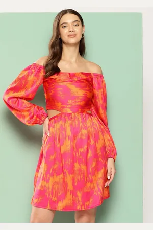 Mast & Harbour Women Abstract Printed Satin Off-Shoulder Cut-Outs Fit & Flare Dress
