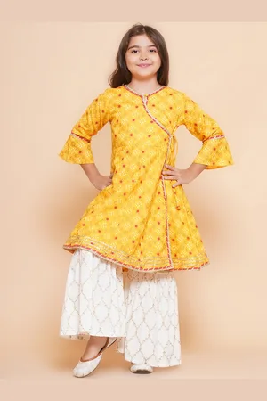 Bhama Girls Ethnic Motifs Printed Angrakha Gotta Patti Pure Cotton Kurta with Sharara