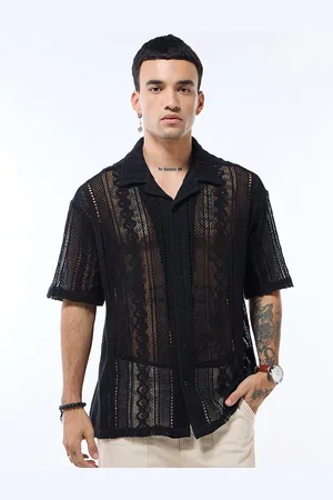 Bewakoof Men Cuban Collar Solid Self Design Cotton Oversized Casual Shirt