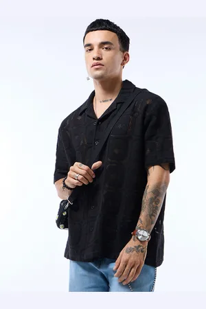 Bewakoof Men Cuban Collar Textured Self Design Cotton Oversized Casual Shirt