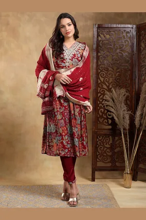 Bani Women Floral Printed Embroidered Pleated Kurta With Trouser & Dupatta