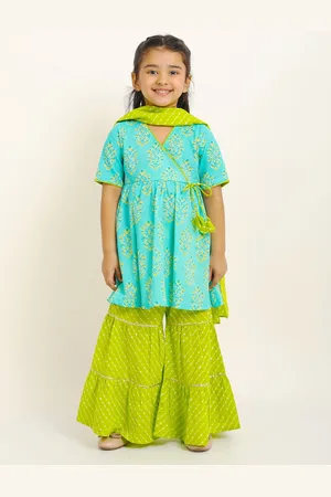 Campana Girls Ethnic Motifs Printed Angrakha Anarkali Cotton Kurti With Sharara & Dupatta