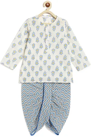 Campana Boys Floral Printed Round Neck Pure Cotton Kurta With Panchakattu