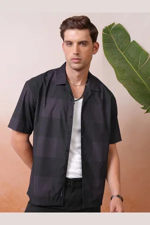 LocoMotive Premium Men Melange Printed Checked Cuban Collar Oversized Shirt