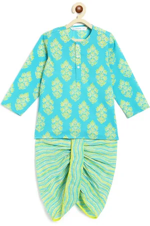 Campana Boys Floral Printed Round Neck Pure Cotton Kurta With Panchakattu