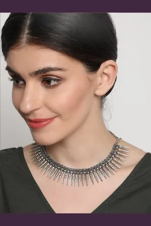 Sangria Silver-Toned & Black Silver-Plated Spiked Oxidised Tribal Necklace