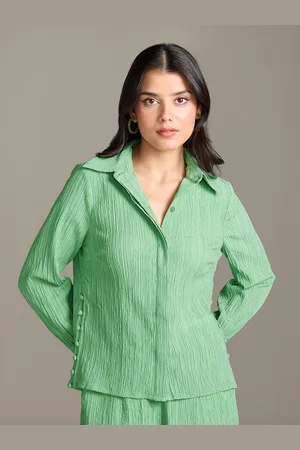 20Dresses Green Classic Textured Spread Collar Casual Shirt