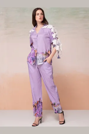 Banno Purple Printed Tie-Up Sleeves Shirt With Trouser