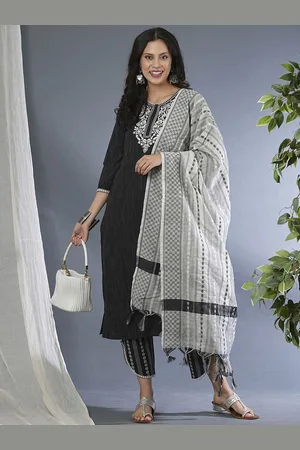 Globus Floral Embroidered Straight Kurta & Trousers With Dupatta