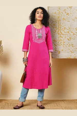 Globus Pink & White Floral Yoke Design Thread Work Straight Kurta