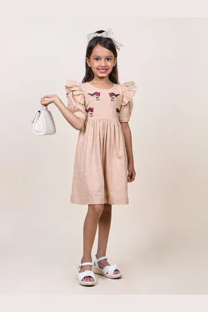Jilmil Girls Cotton Embroidered Flutter Sleeve Fit and Flare Dress