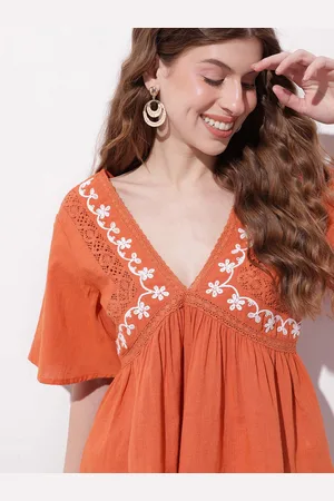 DressBerry Breezy Embroidered Plunge Neck A-Line Top