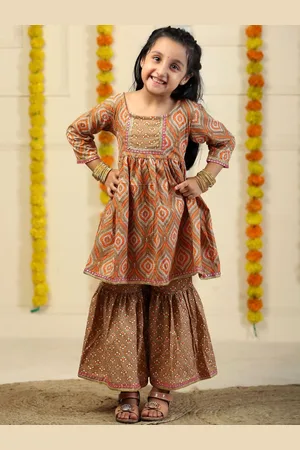 The Mom Store Girls Floral Printed Regular Pure Cotton Kurta with Sharara