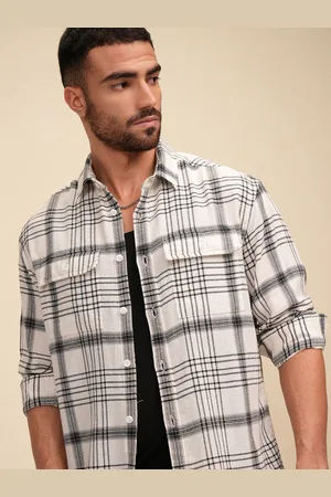 LocoMotive Premium Men Off Dobby Textured Checked Utility Pocket Relaxed Shirt