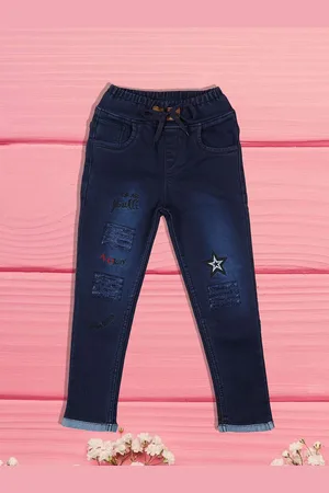A-Okay Unisex Kids Jogger High-Rise Slash Knee Light Fade Embroidered Stretchable Jeans