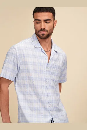 LocoMotive Premium Men Dobby Textured Checked Cuban Collar Relaxed Shirt