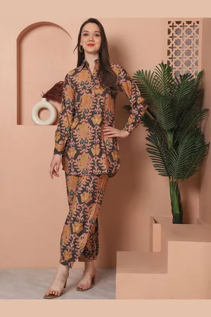 Claura Peach & Purple Ethinic Motifs Printed Shirt Collar Tunic With Trousers