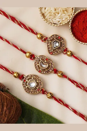 eCraftIndia Set of 3 Kundan Beaded Designer Rakhis for Brothers with Roli Chawal Pack