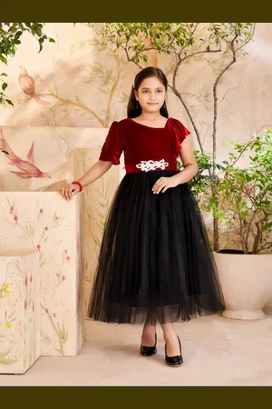 Aarika Girls Puff Sleeve Velvet Fit & Flare Maxi Dress