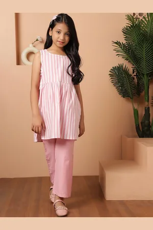 NEUDIS Girls Striped Pleated Pure Cotton Kurti With Trousers
