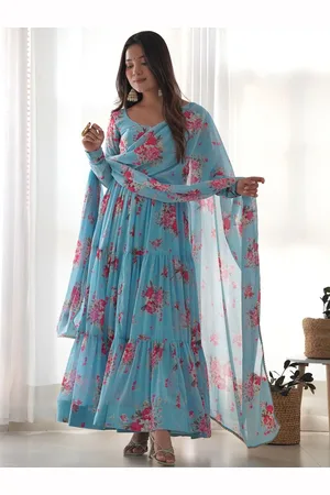 JATRIQQ Floral Printed Layered Anarkali Georgette Kurta with Trousers & Dupatta