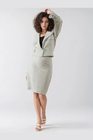 DressBerry Sea Green Checked Shawl Neck Top & Skirt With Blazer