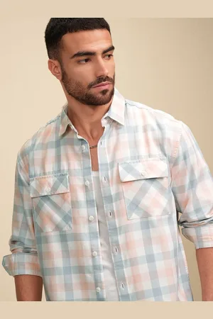 LocoMotive Premium Men Coral Lt Checked Utility Pocket Relaxed Shirt