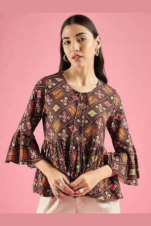 DressBerry Geometric Print Bell Sleeve Peplum Top