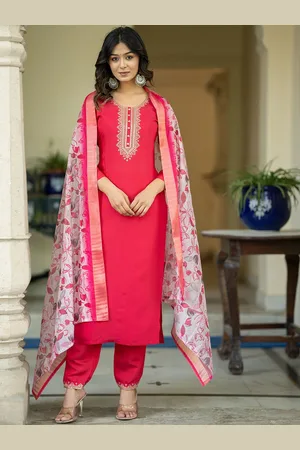 ASPORA Floral Yoke Design Sequinned Chanderi Silk Straight Kurta With Trouser & Dupatta