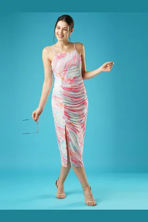 Globus Abstract Print Square Neck Strappy Shoulder Ruched Midi Bodycon Party Dress