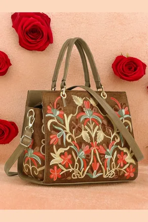 EXOTIC Women Floral Textured PU Structured Tote Bag with Applique