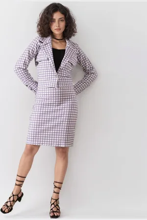DressBerry Purple Checked Shawl Neck Top & Skirt With Blazer