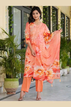 Hatheli Floral Printed Beads and Stones Straight Kurta with Trousers & With Dupatta
